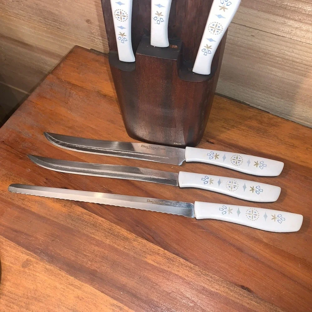 1960s Ekco Vanadium Dutch Tulip 6pc Knife Set W/Wood Wall Hanging USA Rare‎ READ